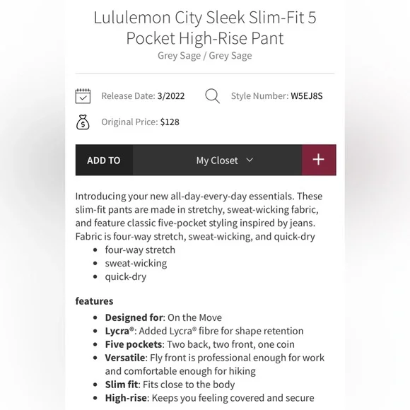 lululemon | size 28 City Sleek Slim-Fit 5 Pocket High-Rise Pant in Grey Sage - Picture 5 of 12